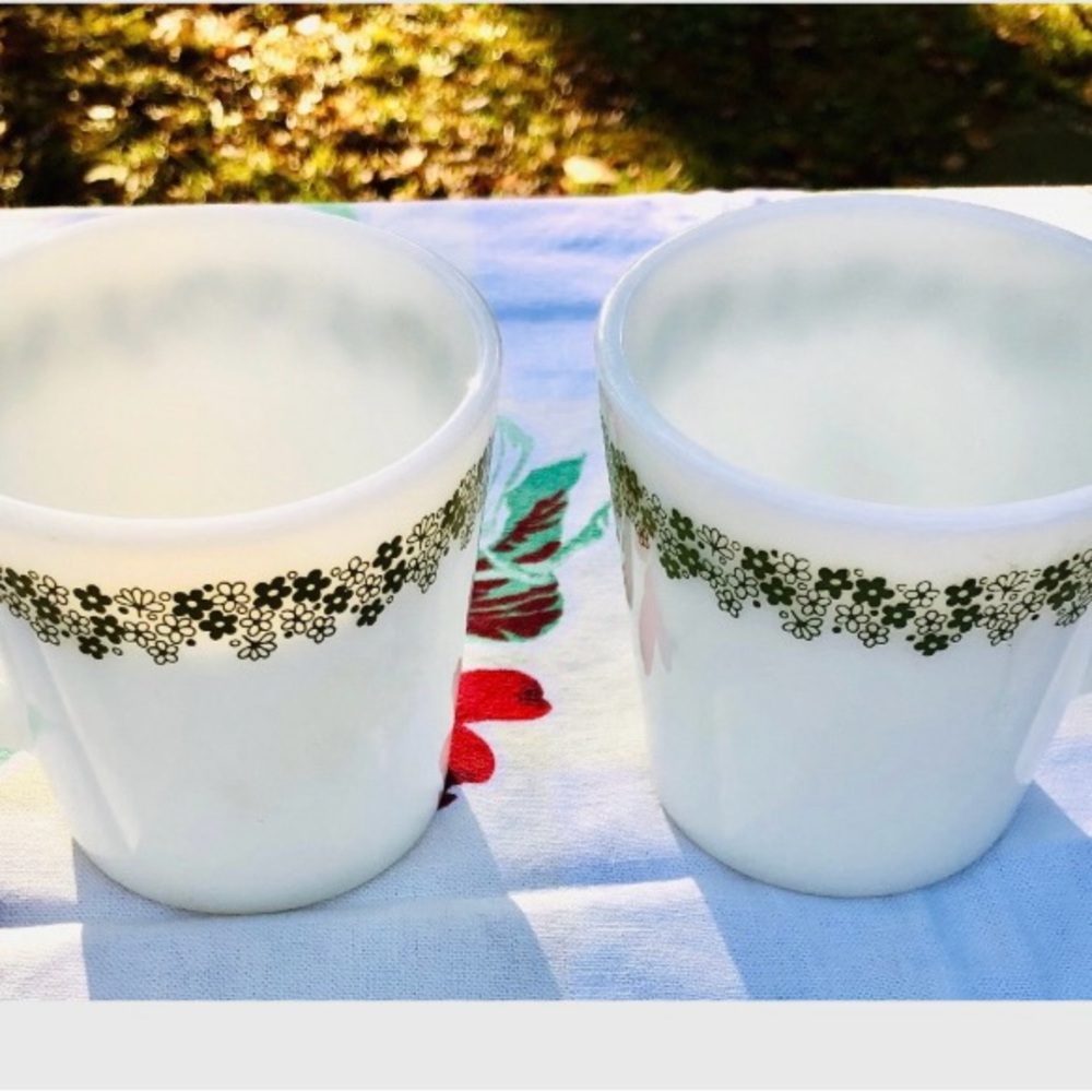 Two Pyrex Green Vintage Mugs. Spring Blossom or Crazy Daisy Coffee or Tea Mugs.